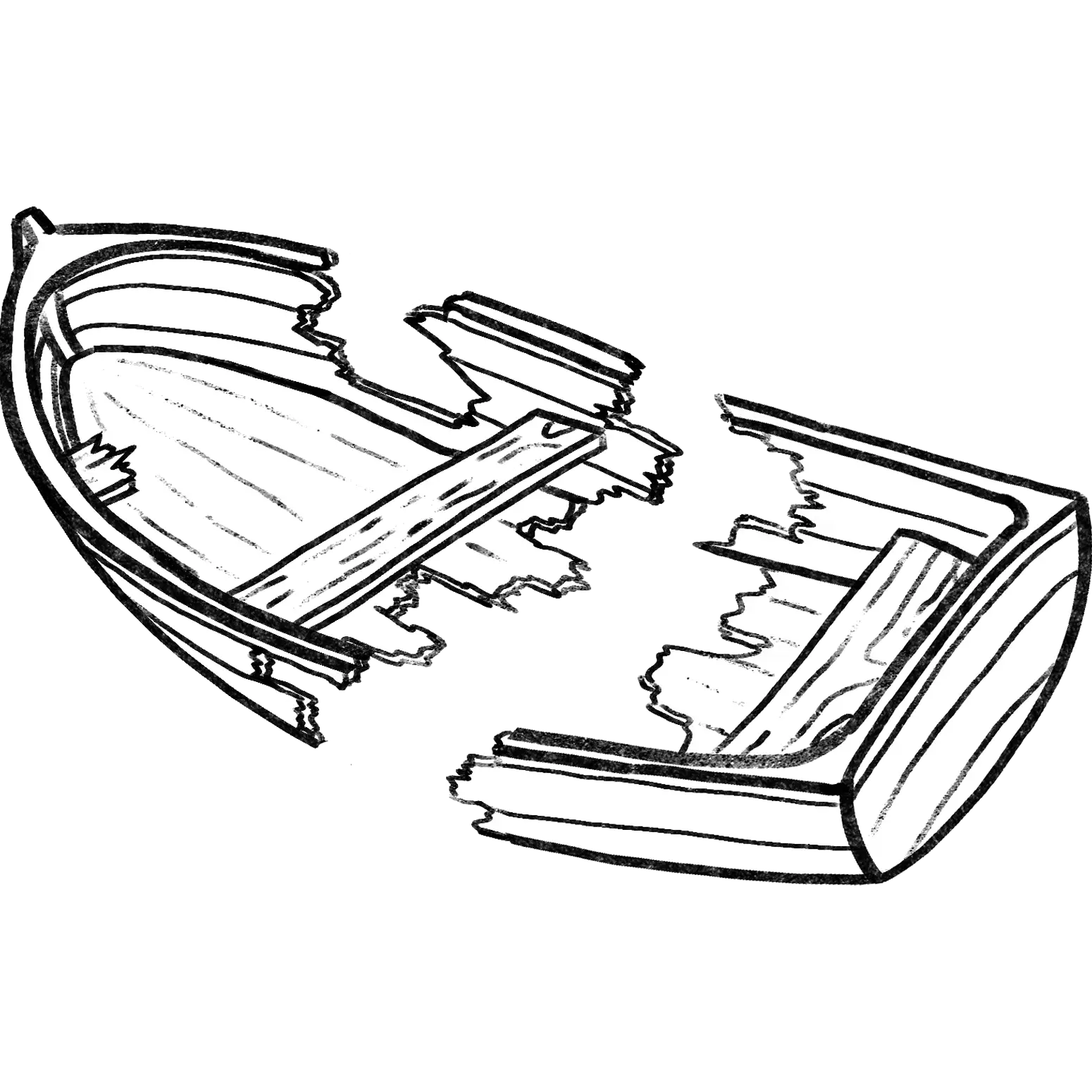 Props : Une barque cassée par une tempête pour le décors du jeu Cosy Lullaby version noir et blanc