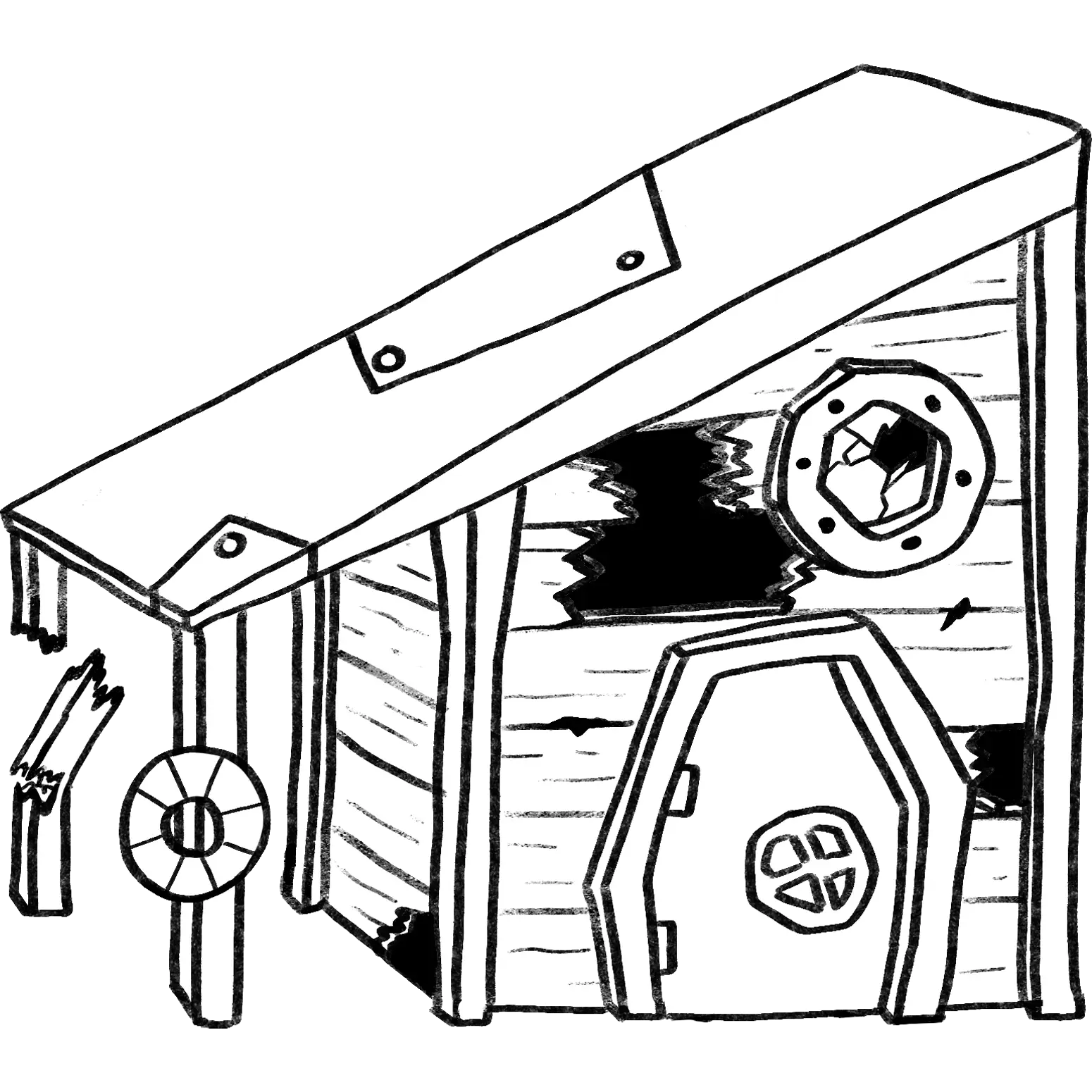 Props : La cabane de pêcheur détruite par la tempête pour le décors du jeu Cosy Lullaby version noir et blanc