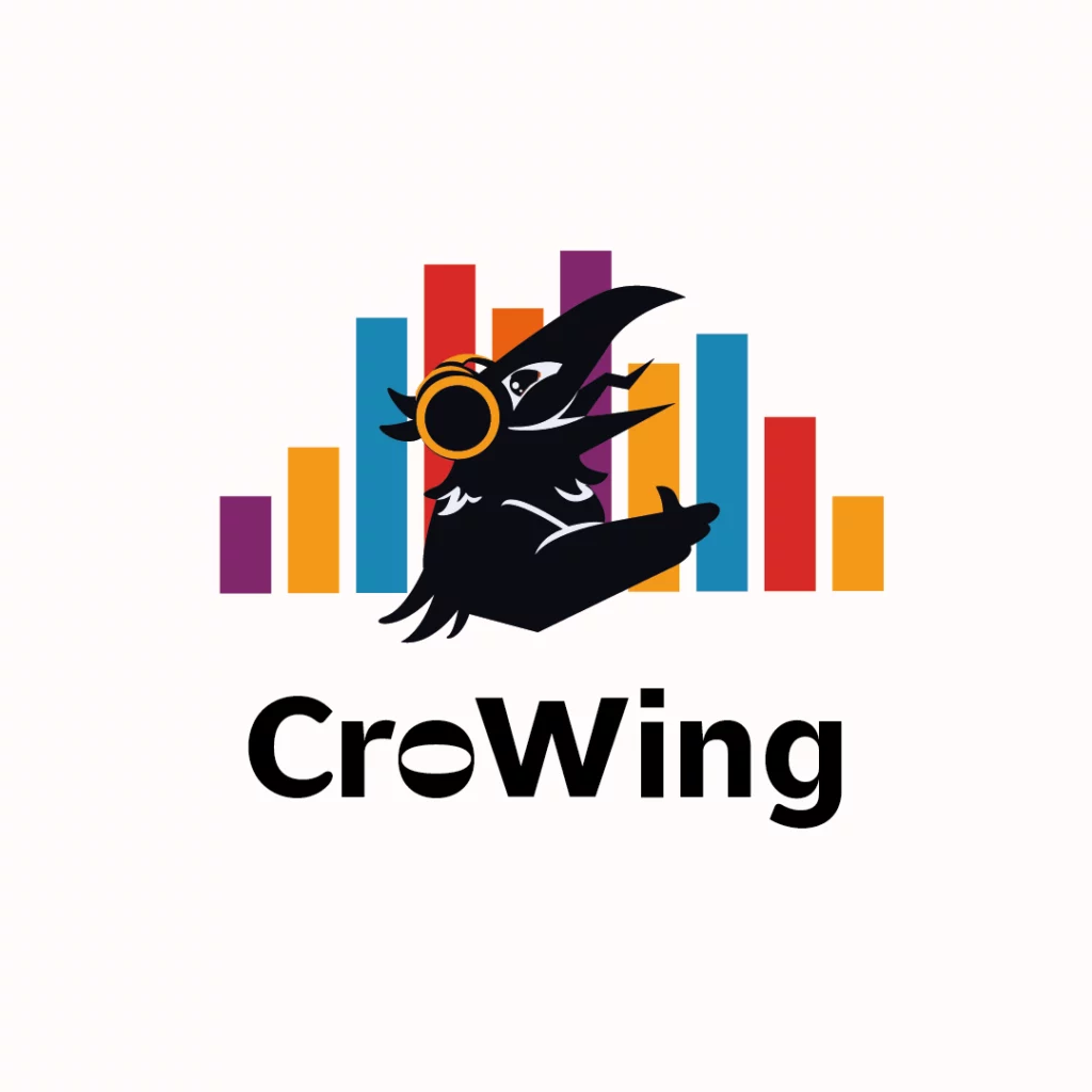 1ere version du logo RaveNote qui s'appelait encore "CroWing". Le 2nd visuel du corbeau sur un fond de barres verticales colorées représentant le son