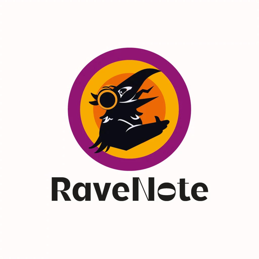 2eme version du logo RaveNote avec le 2nd visuel du corbeau sur un fond de 3 cercles colorés avec le nom de l'application en dessous