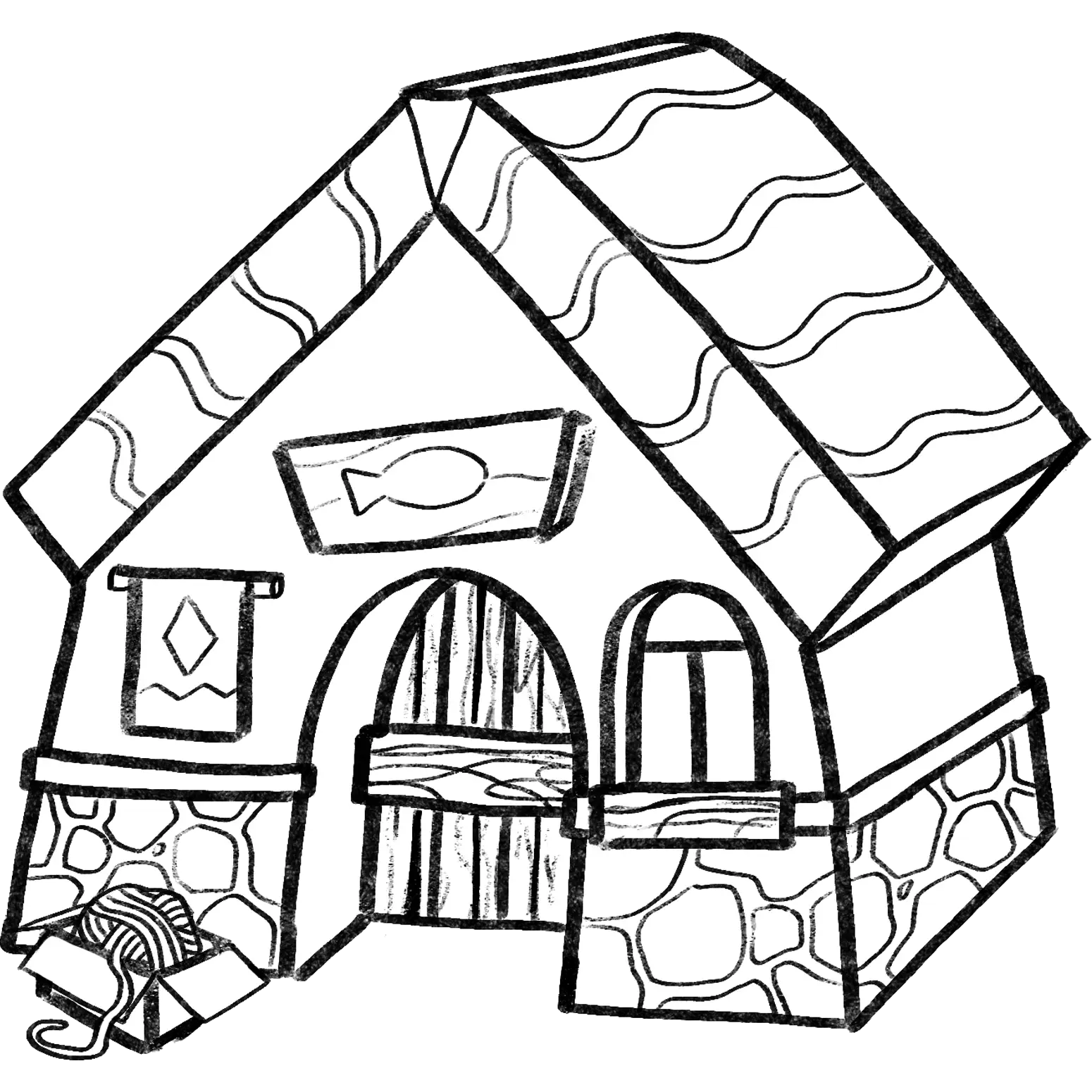 Props : La maison au toit rouge du personnage (pnj) Chaussette pour le décors du jeu Cosy Lullaby version noir et blanc