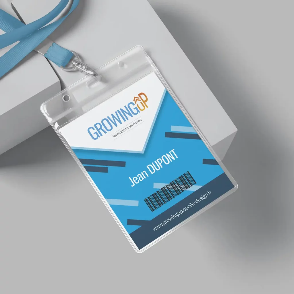 MOCKUP : Le badge fourni à l'entrée des journées portes ouvertes  de l'organisme de formation GrowingUp