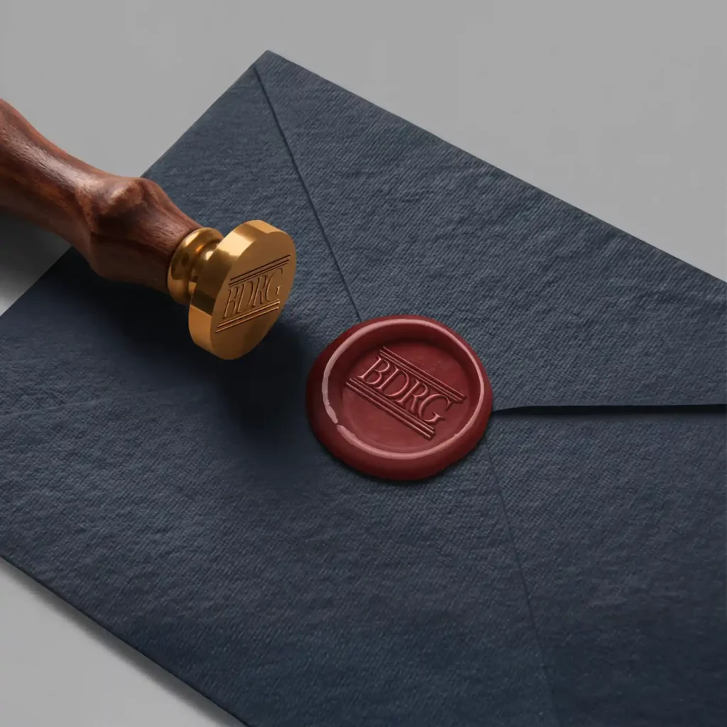 MOCKUP : tampon servant a cacheter une enveloppe avec le logo BDRG