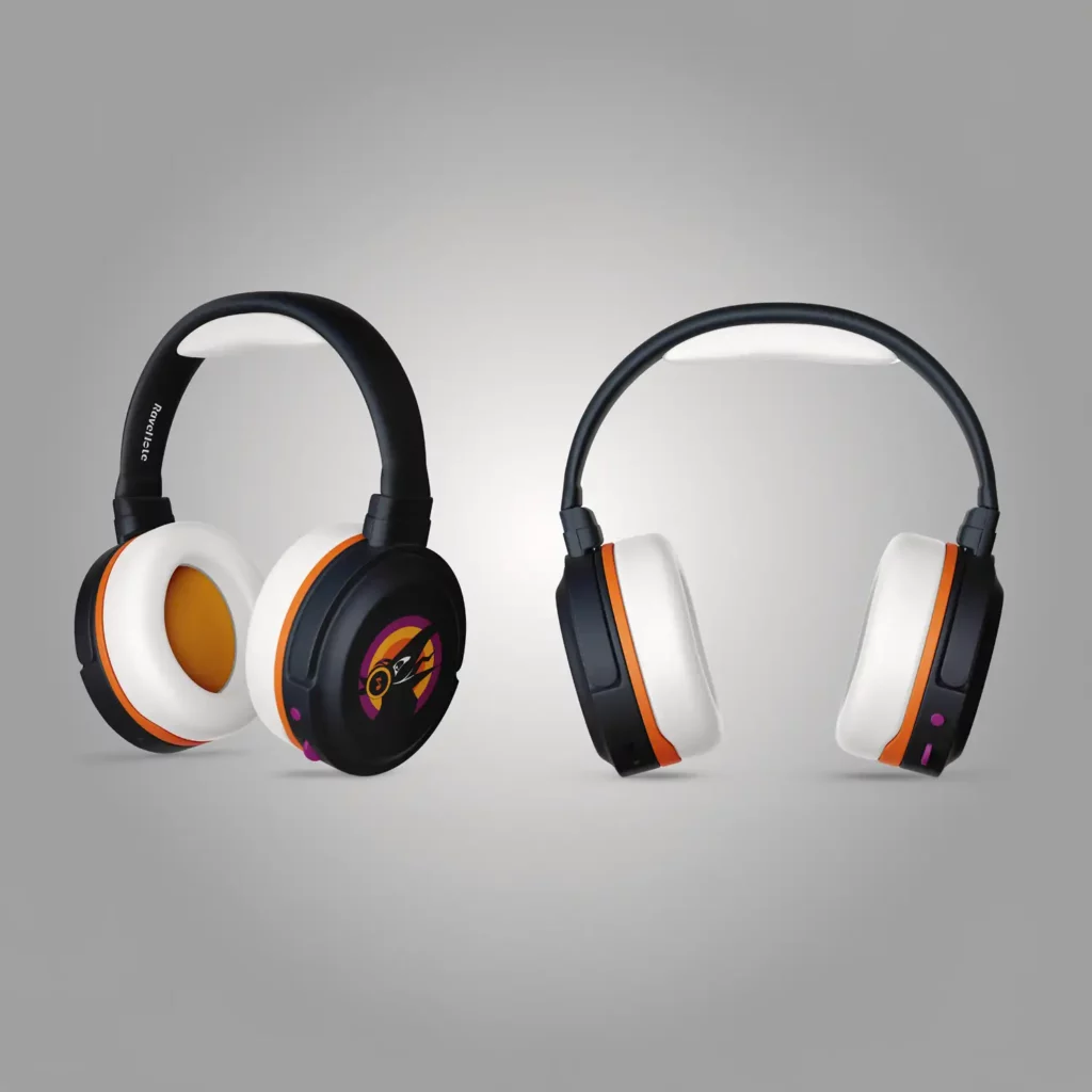 MOCKUP : Un casque audio aux couleurs de l'application RaveNote et ornés de son logo au corbeau malicieux