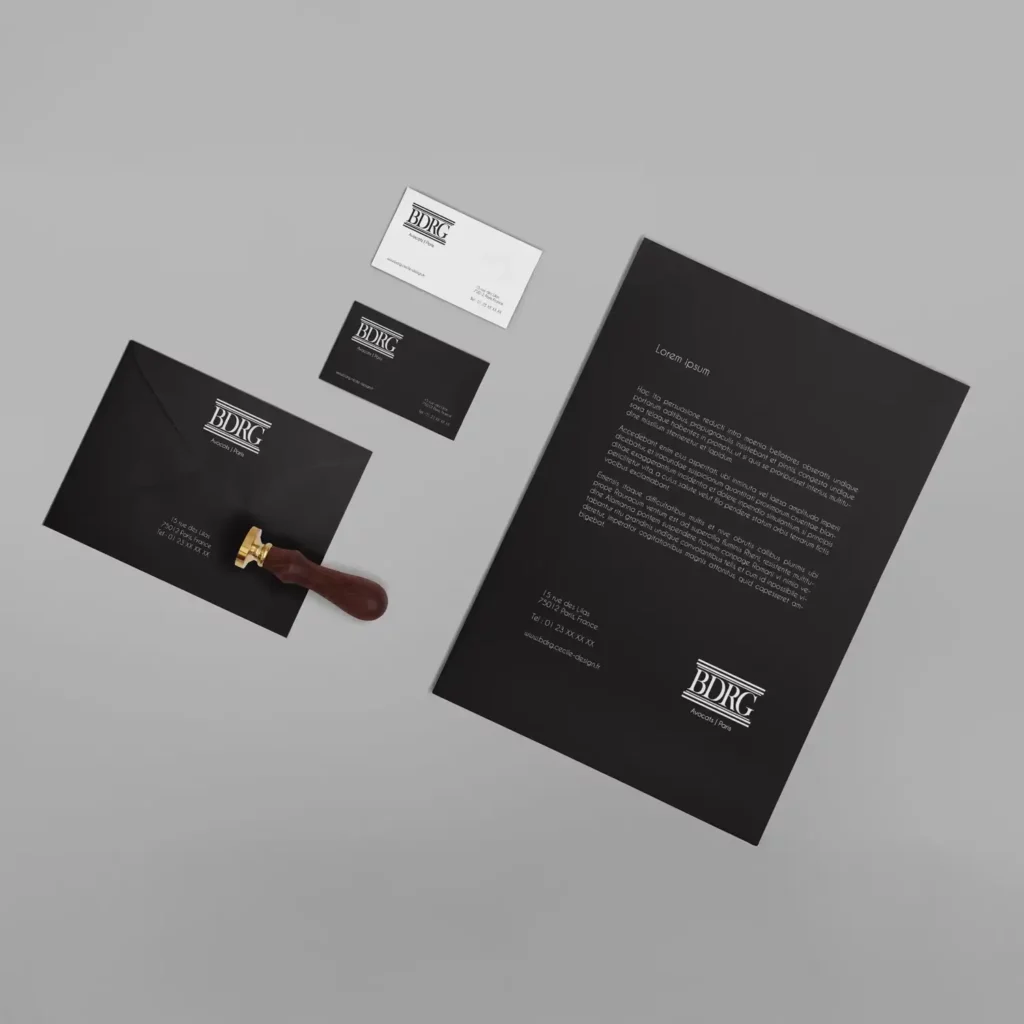 MOCKUP : papeterie officielle pour les documents de l'agence avec le logo BDRG, sa baseline, l'adresse et le numéro de téléphone de l'agence.