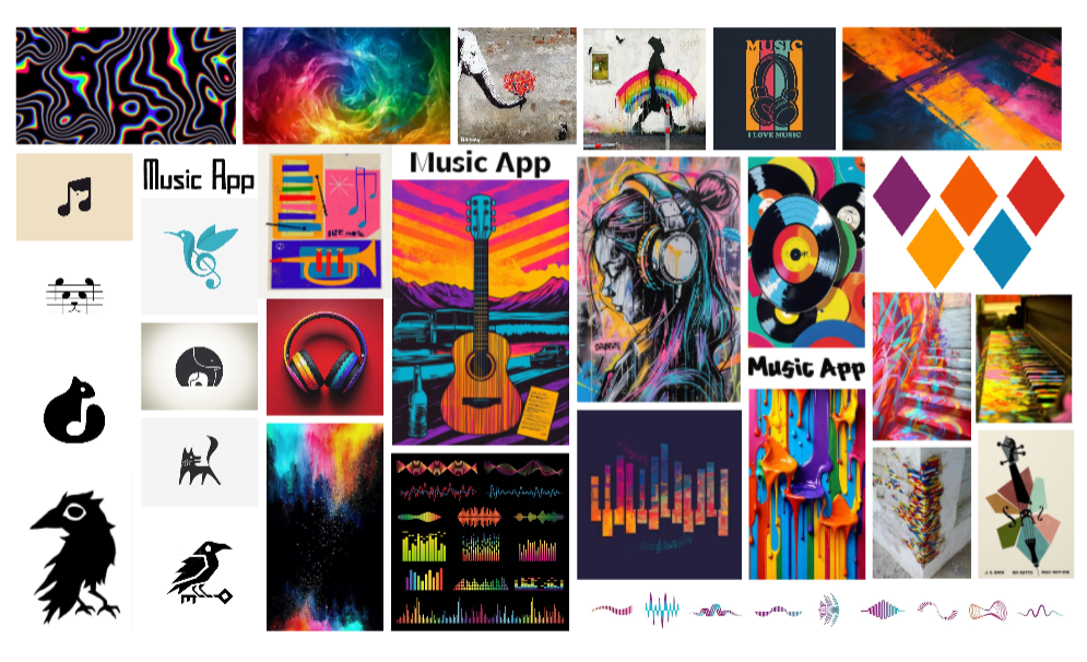 Le moodboard du projet de logo de "Music App" qui est devenu "RaveNote"