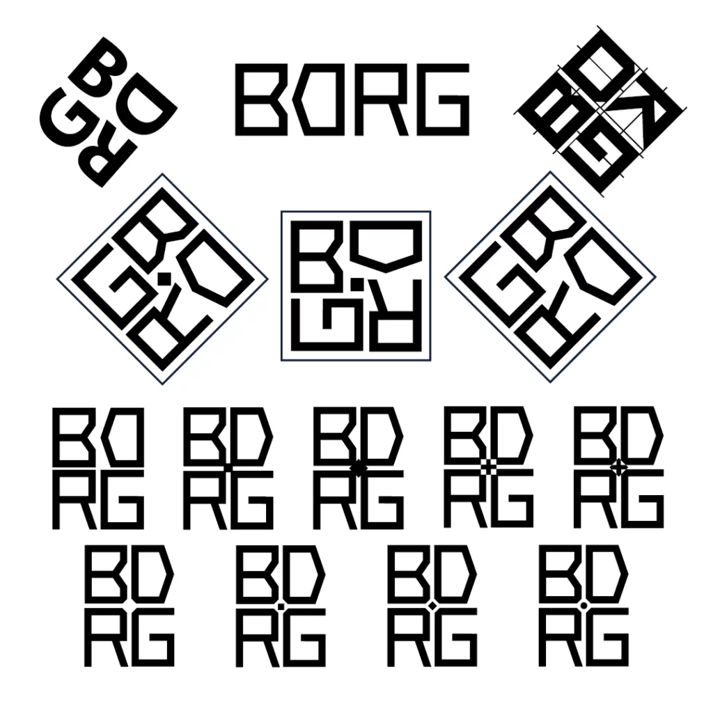 2ème page de recherches pour le logo BDRG, elles contiennent des essais de monogrammes agencés en carré, rectangle, ou losange avec différentes polices