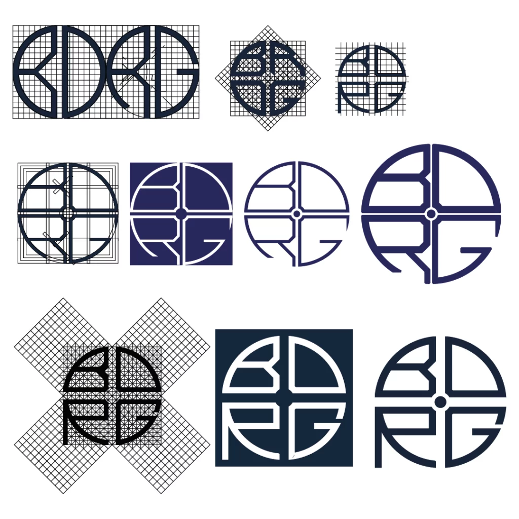 1ère page de recherches pour le logo BDRG, elles contiennent des essais de monogrammes dans diférentes grilles