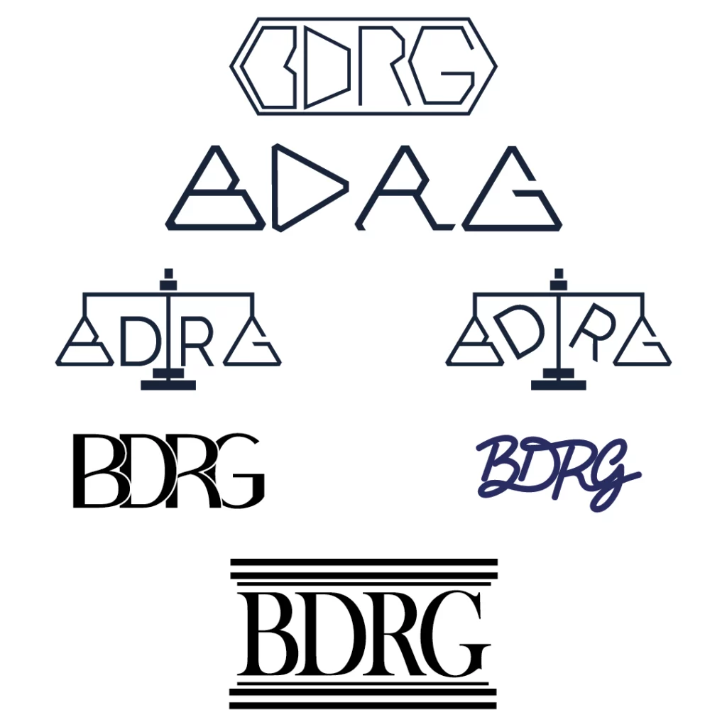 3ème page de recherches pour le logo BDRG, elles contiennent des essais de monogrammes en ligne avec différentes polices