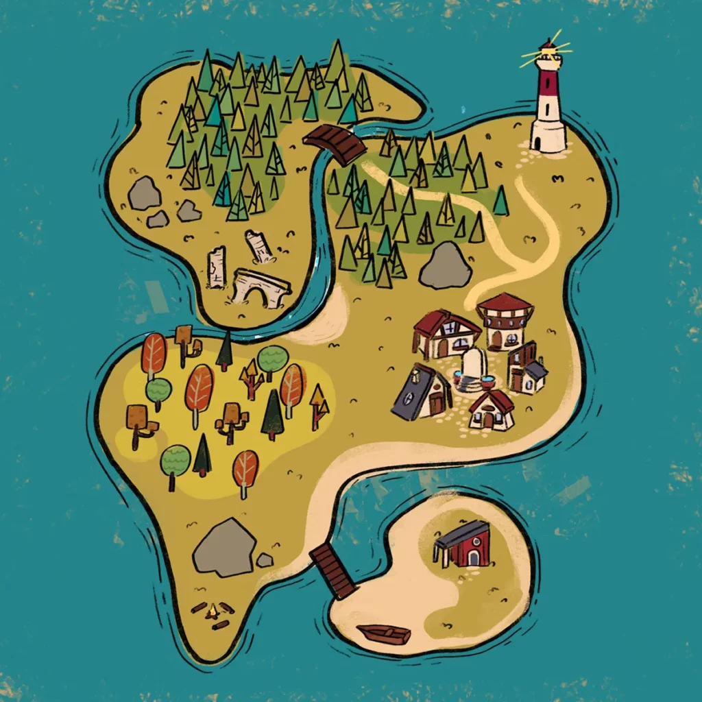 Un joli croquis en couleur de la map du jeu Cosy Lullaby avec un aperçu de toutes les zones et éléments à créer.