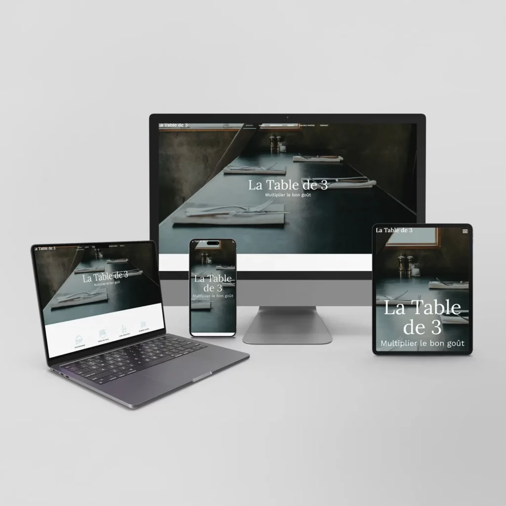 Un mockup mettant en scène le site de "La Table de 3" version 1 de maniere responsive